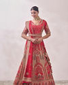 alt message - Mohey Women Ruby Red Imperial Patterned Bridal Lehenga image number 0