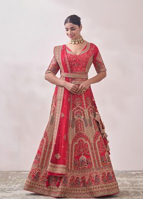 alt message - Mohey Women Ruby Red Imperial Patterned Bridal Lehenga image number 0