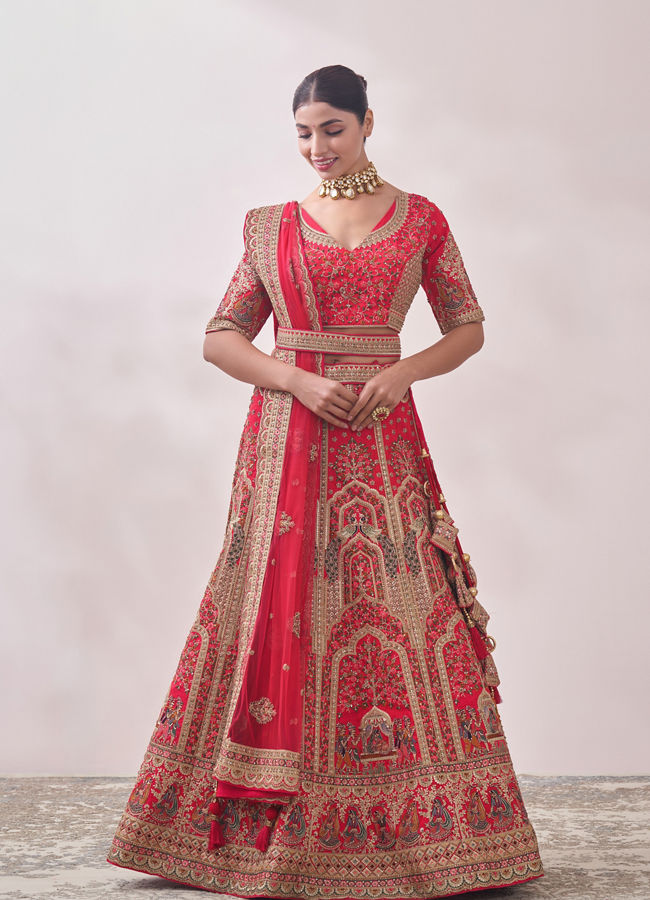 Ruby Red Imperial Patterned Bridal Lehenga image number 0