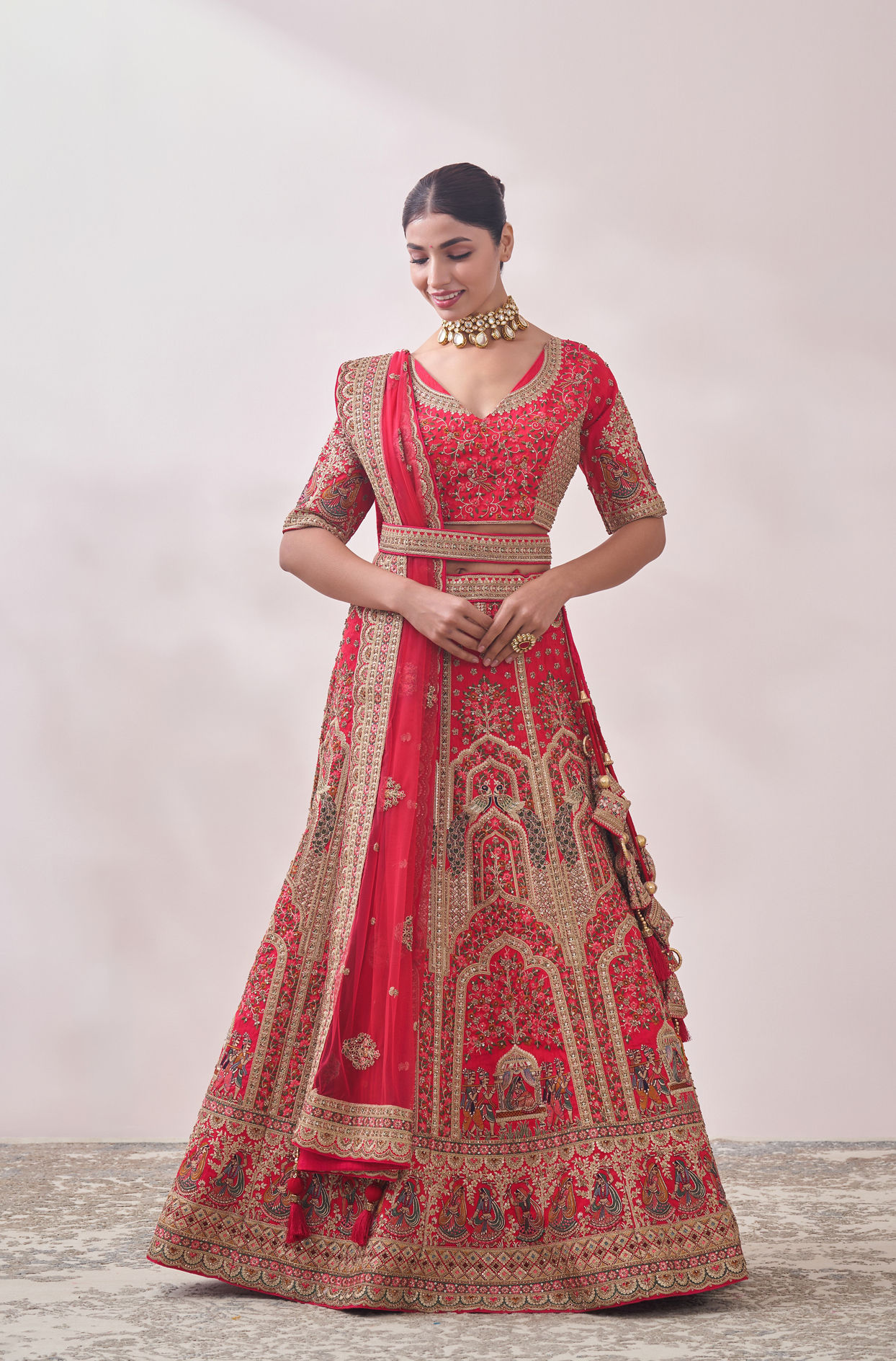 Ruby Red Imperial Patterned Bridal Lehenga image number 0