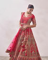 alt message - Mohey Women Ruby Red Imperial Patterned Bridal Lehenga image number 2