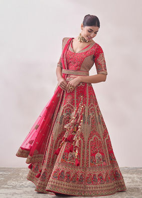 alt message - Mohey Women Ruby Red Imperial Patterned Bridal Lehenga image number 2