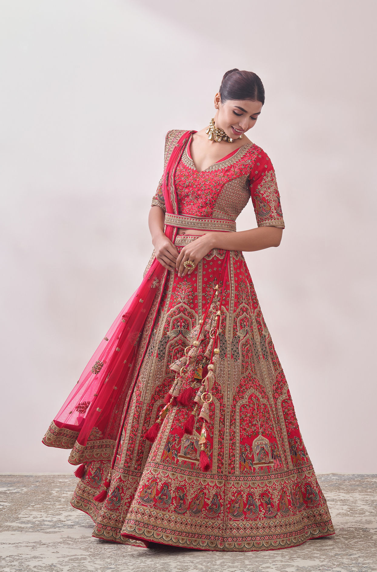 Ruby Red Imperial Patterned Bridal Lehenga image number 2