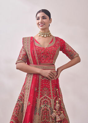 alt message - Mohey Women Ruby Red Imperial Patterned Bridal Lehenga image number 1