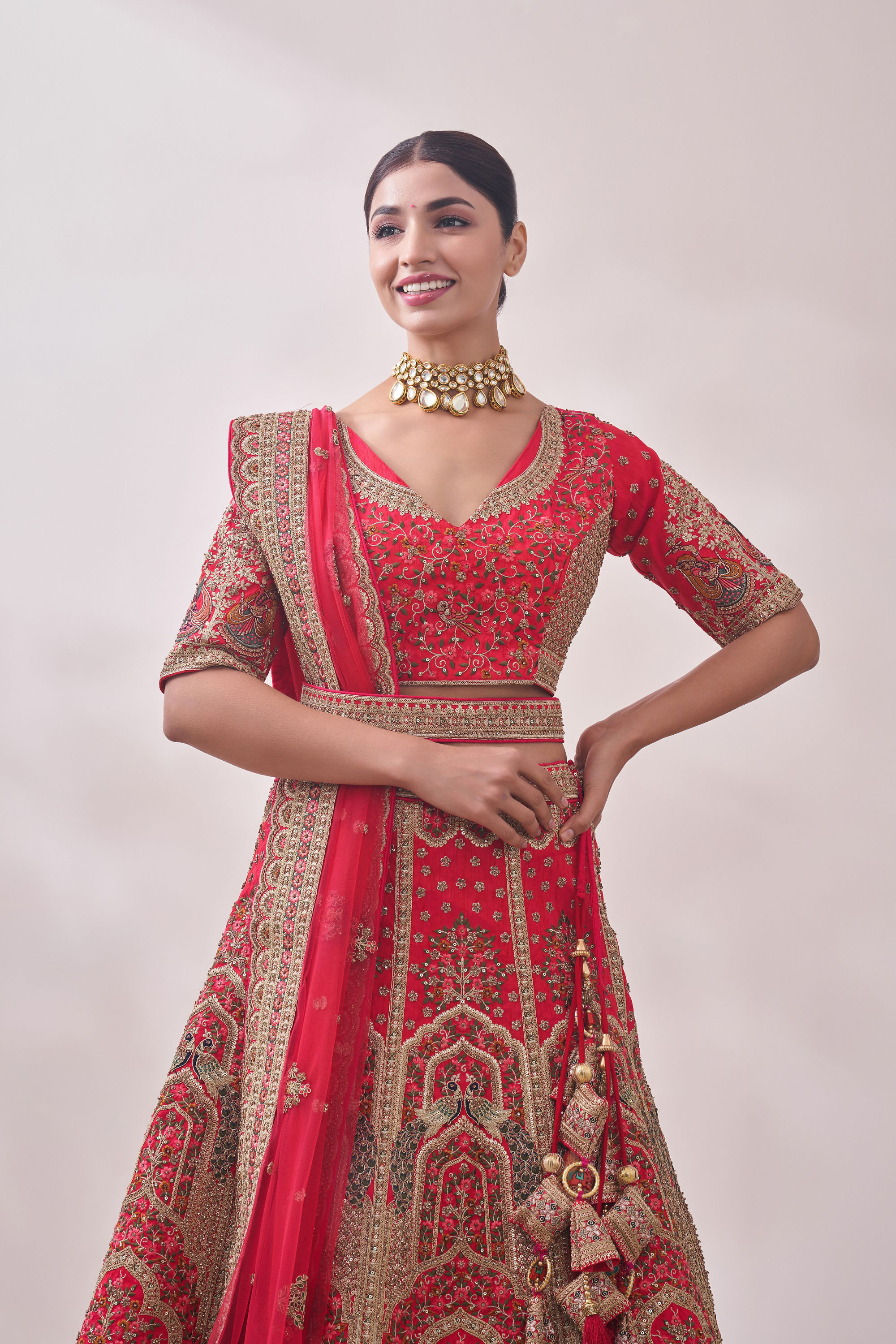 Mohey Women Ruby Red Imperial Patterned Bridal Lehenga