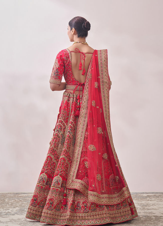 Ruby Red Imperial Patterned Bridal Lehenga image number 3