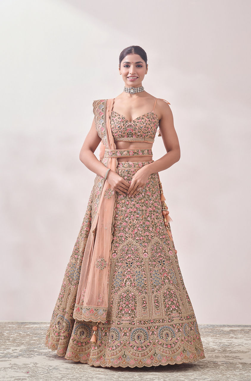 Mohey Women Peach Nectar Floral and Peacock Patterned Bridal Lehenga