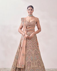 Mohey Women Peach Nectar Floral and Peacock Patterned Bridal Lehenga