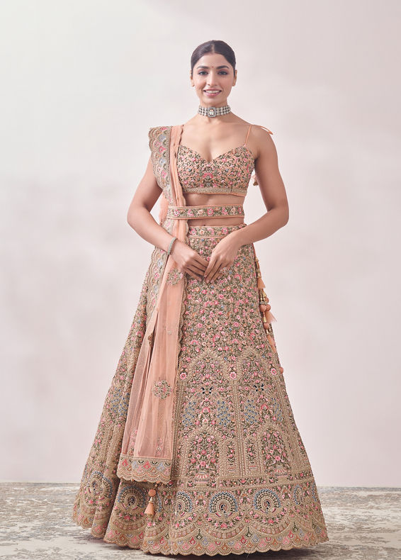 Mohey Women Peach Nectar Floral and Peacock Patterned Bridal Lehenga
