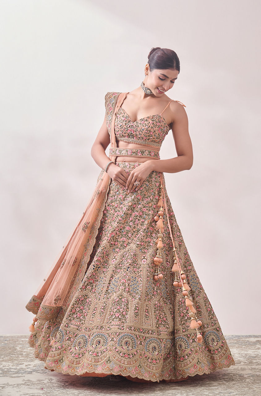 Mohey Women Peach Nectar Floral and Peacock Patterned Bridal Lehenga