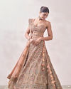 Mohey Women Peach Nectar Floral and Peacock Patterned Bridal Lehenga