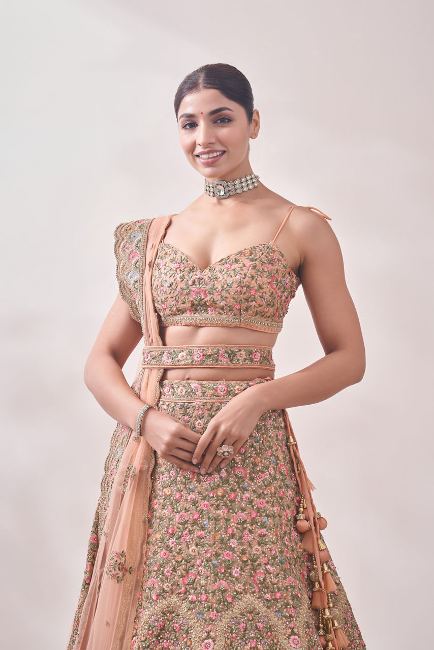 Mohey Women Peach Nectar Floral and Peacock Patterned Bridal Lehenga