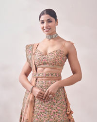 Mohey Women Peach Nectar Floral and Peacock Patterned Bridal Lehenga