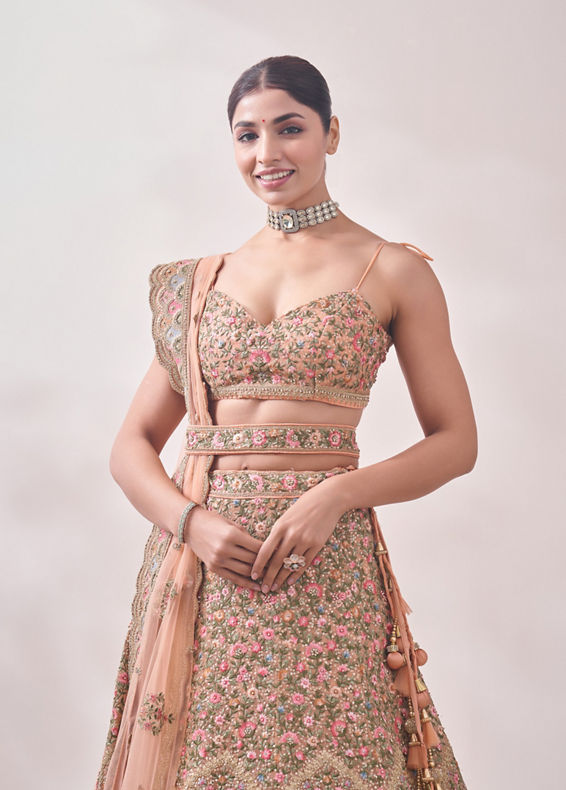 Mohey Women Peach Nectar Floral and Peacock Patterned Bridal Lehenga