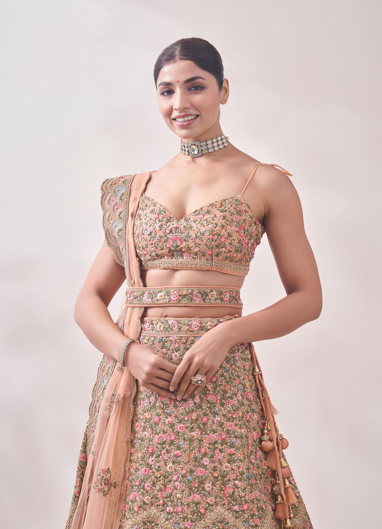 Mohey Women Peach Nectar Floral and Peacock Patterned Bridal Lehenga