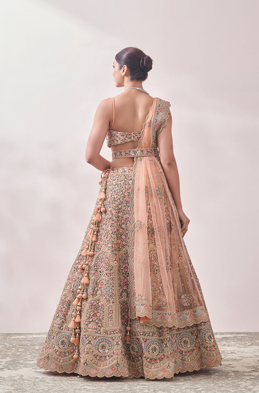 Mohey Women Peach Nectar Floral and Peacock Patterned Bridal Lehenga