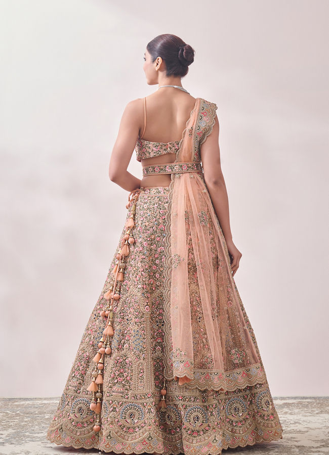 Mohey Women Peach Nectar Floral and Peacock Patterned Bridal Lehenga
