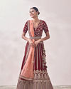 alt message - Mohey Women Cabernet Red Botanical Patterned Bridal Lehenga image number 0