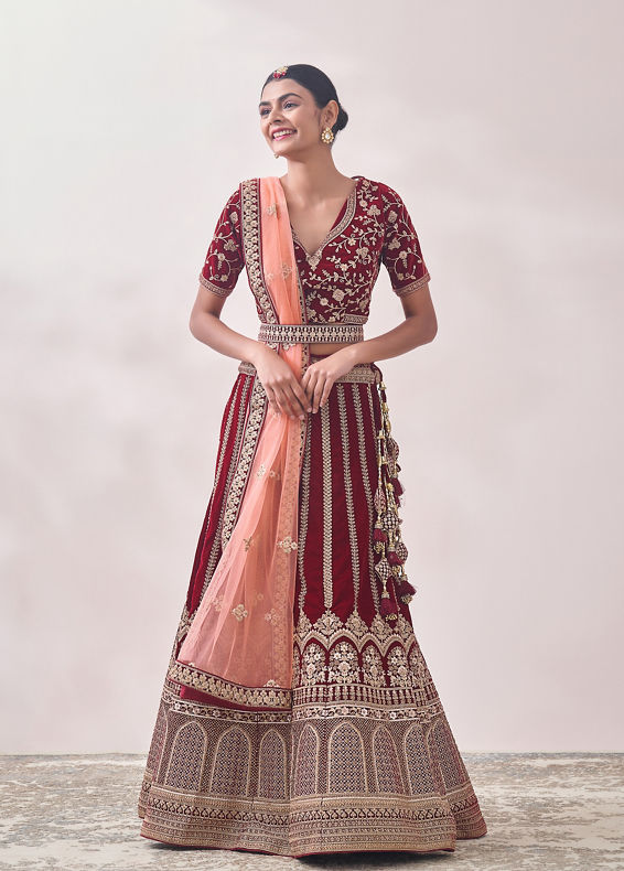 Mohey Women Cabernet Red Botanical Patterned Bridal Lehenga