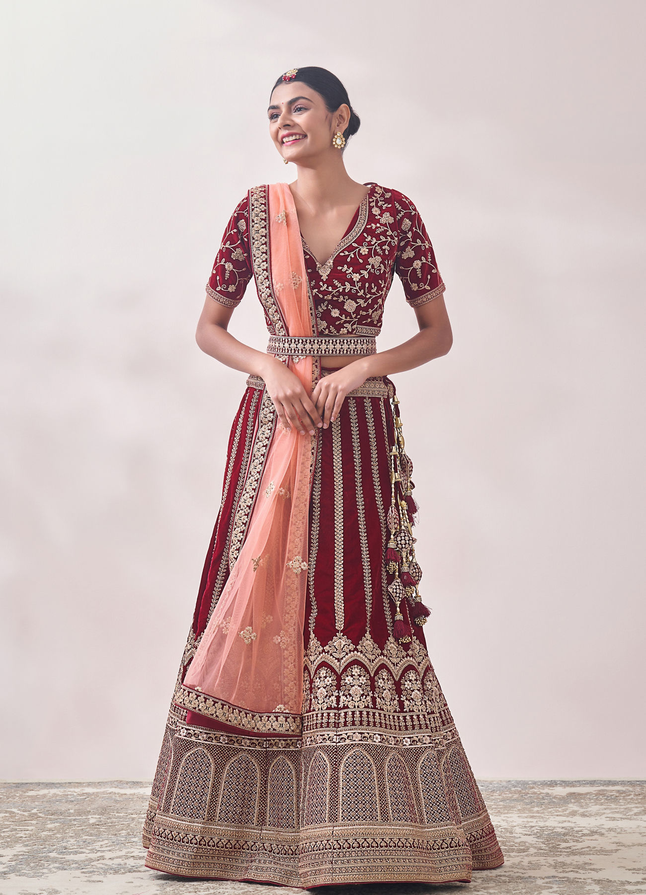 Mohey Women Cabernet Red Botanical Patterned Bridal Lehenga