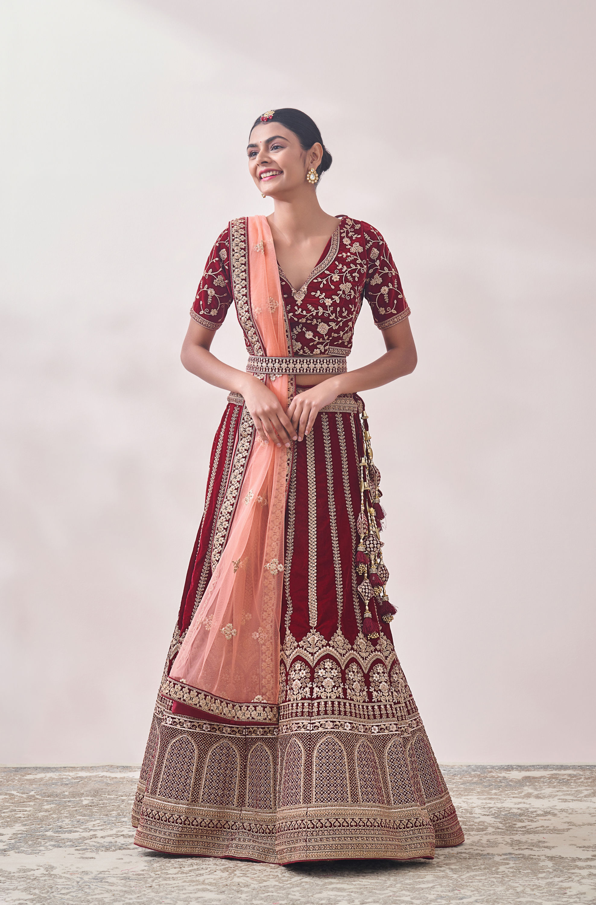 Mohey Women Cabernet Red Botanical Patterned Bridal Lehenga