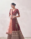 alt message - Mohey Women Cabernet Red Botanical Patterned Bridal Lehenga image number 2