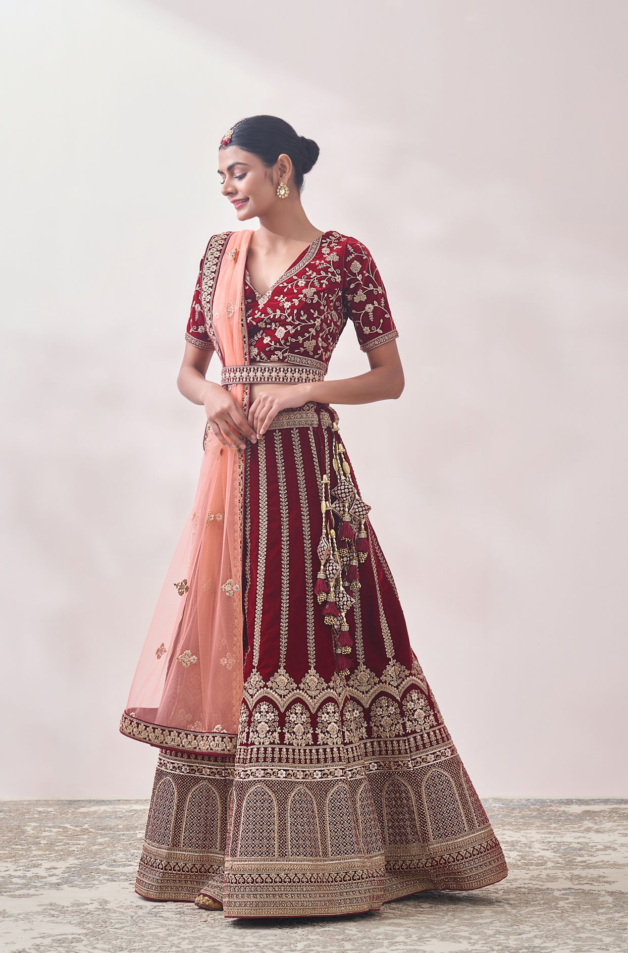 Mohey Women Cabernet Red Botanical Patterned Bridal Lehenga