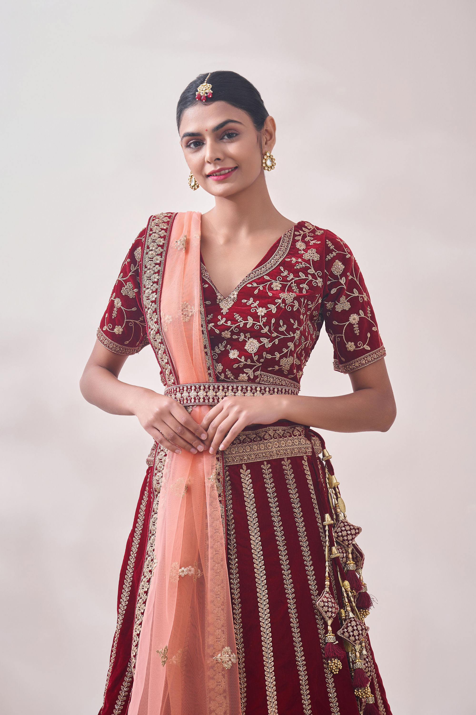 Mohey Women Cabernet Red Botanical Patterned Bridal Lehenga