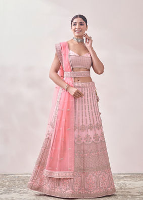Mohey Women Rose Shadow Pink Floral Bel Buti Patterned Bridal Lehenga