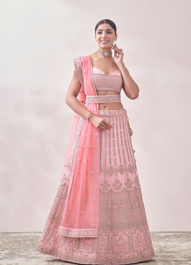 Mohey Women Rose Shadow Pink Floral Bel Buti Patterned Bridal Lehenga