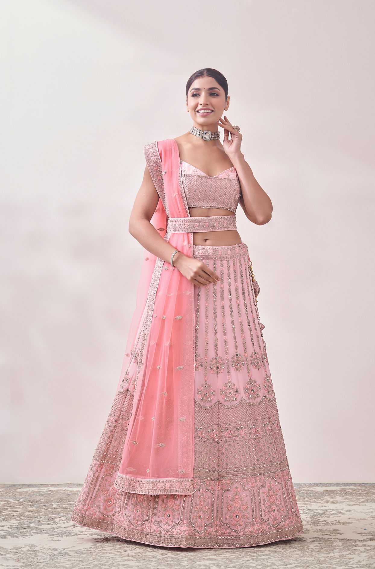 Mohey Women Rose Shadow Pink Floral Bel Buti Patterned Bridal Lehenga