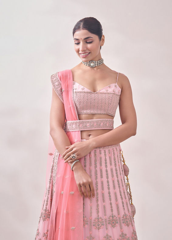 Mohey Women Rose Shadow Pink Floral Bel Buti Patterned Bridal Lehenga