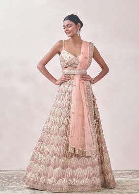 alt message - Mohey Women Dark Cream Fern Patterned Lehenga image number 0