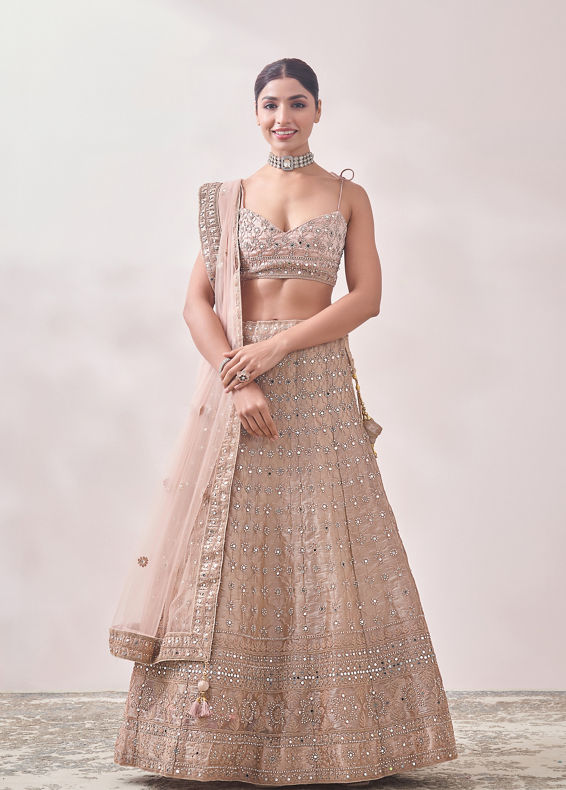 Mohey Women Golden Fawn Lattice Patterned Mirrored Bridal Lehenga
