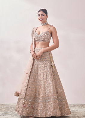 Golden Fawn Lattice Patterned Mirrored Bridal Lehenga image number 2