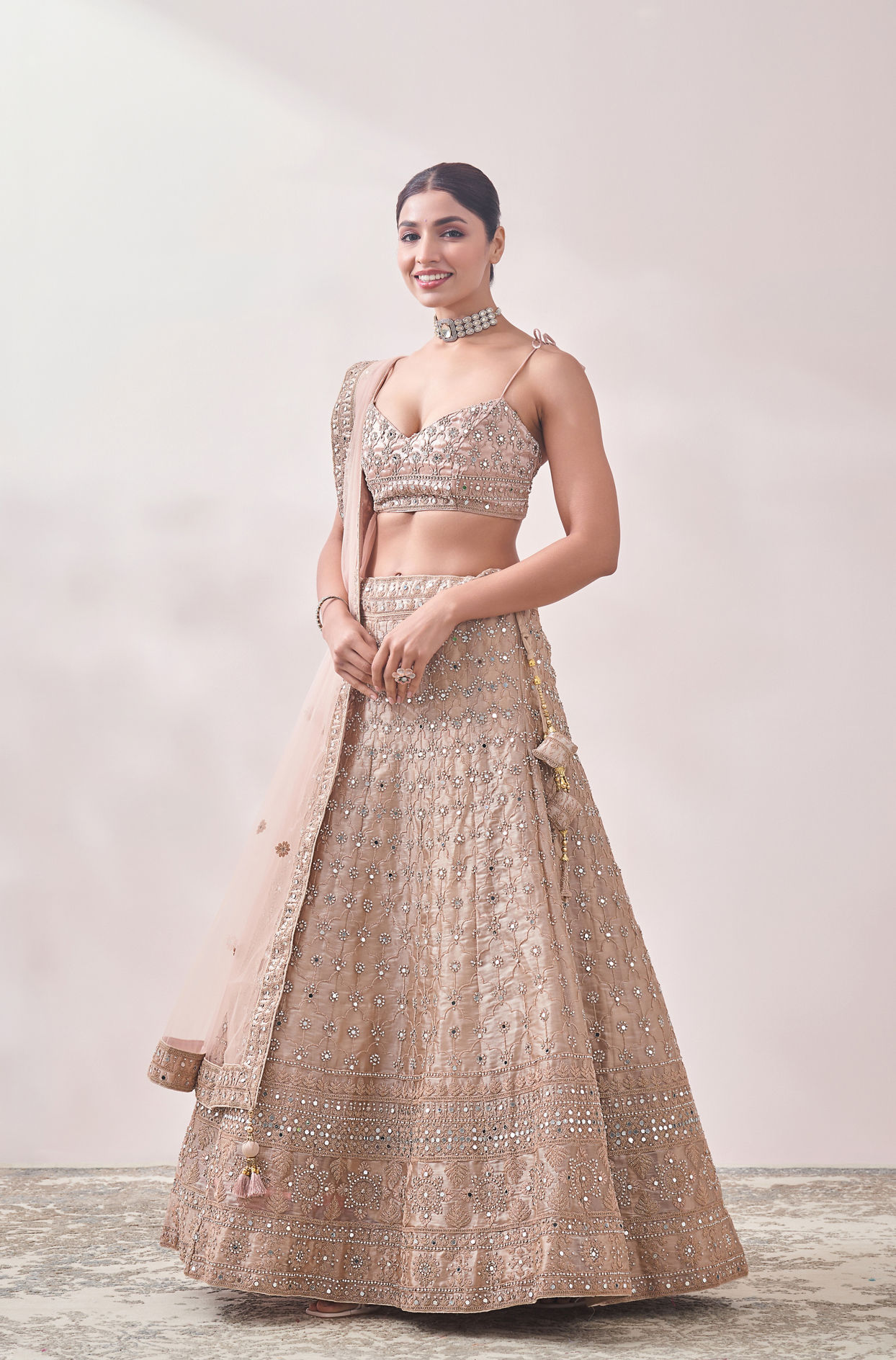 Golden Fawn Lattice Patterned Mirrored Bridal Lehenga image number 2