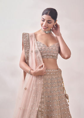 Mohey Women Golden Fawn Lattice Patterned Mirrored Bridal Lehenga