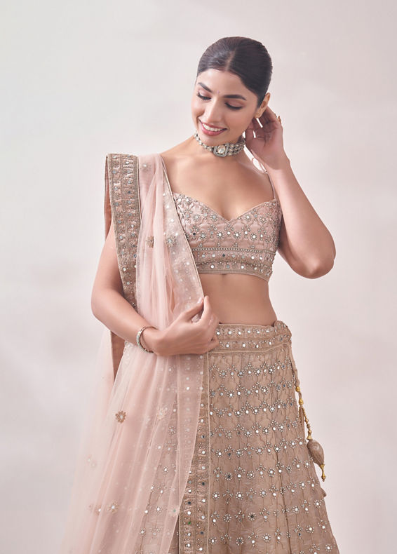 Mohey Women Golden Fawn Lattice Patterned Mirrored Bridal Lehenga