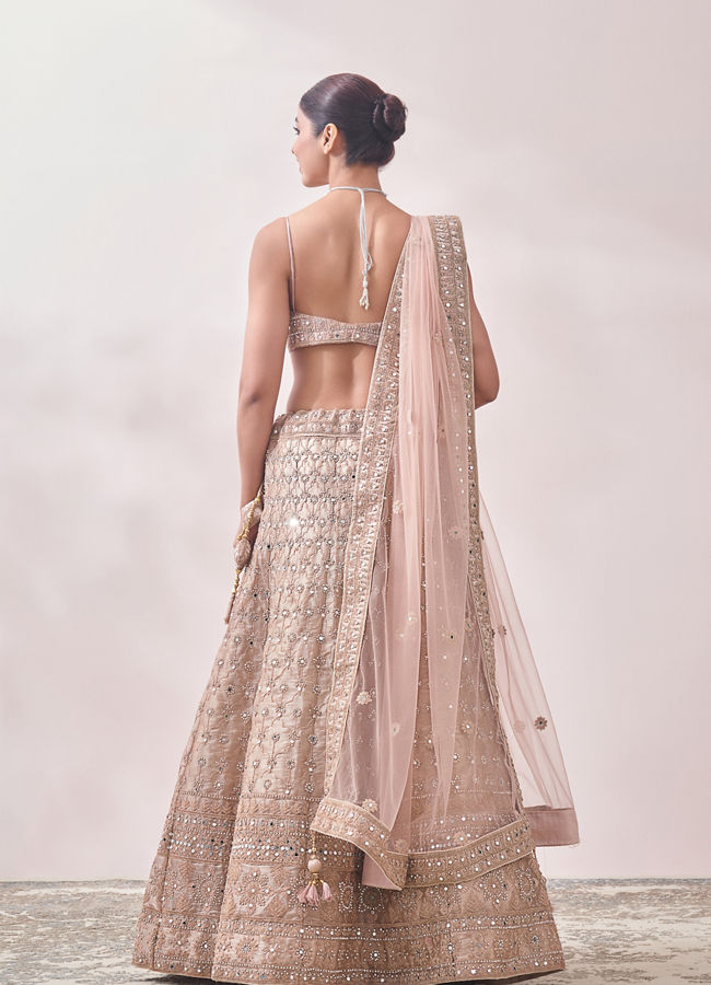 Mohey Women Golden Fawn Lattice Patterned Mirrored Bridal Lehenga