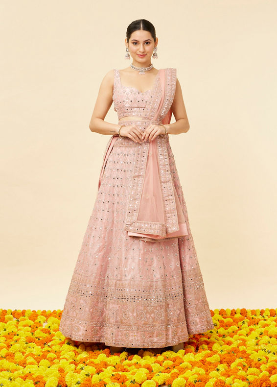 Mohey Women Rose Pink Mirror Work Lehenga