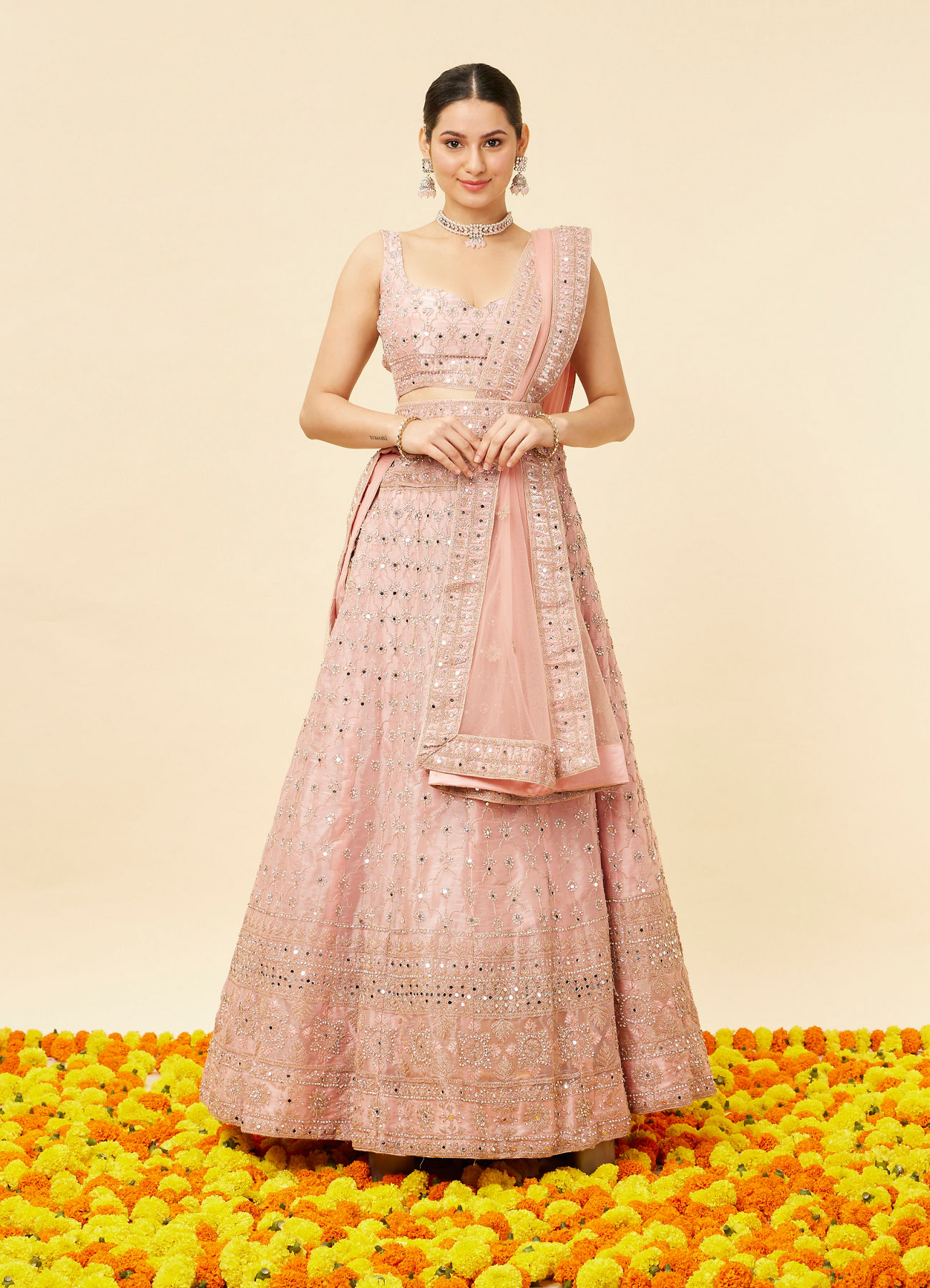 Mohey Women Rose Pink Mirror Work Lehenga