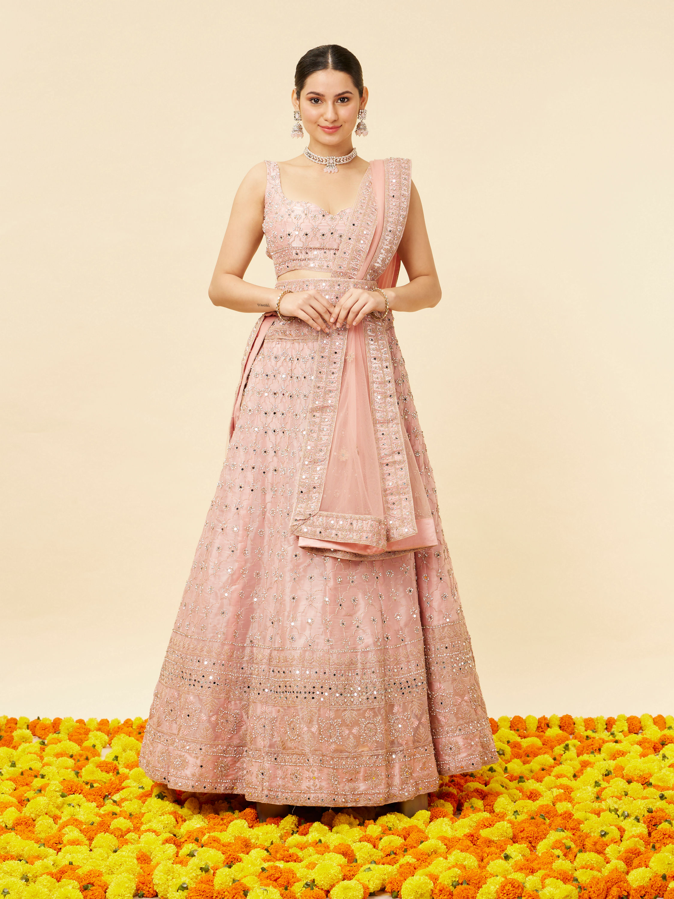 Mohey Women Rose Pink Mirror Work Lehenga