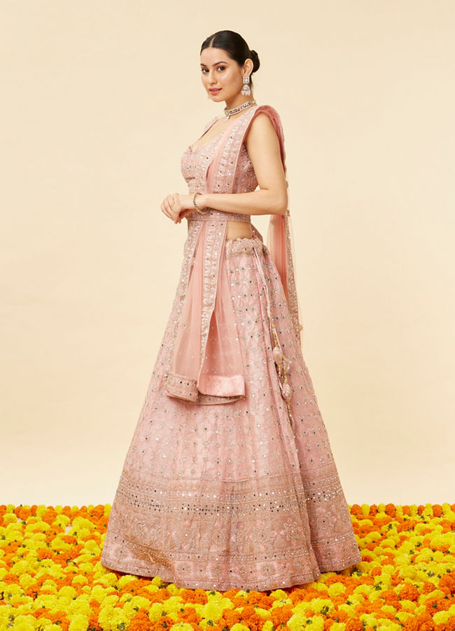 Mohey Women Rose Pink Mirror Work Lehenga