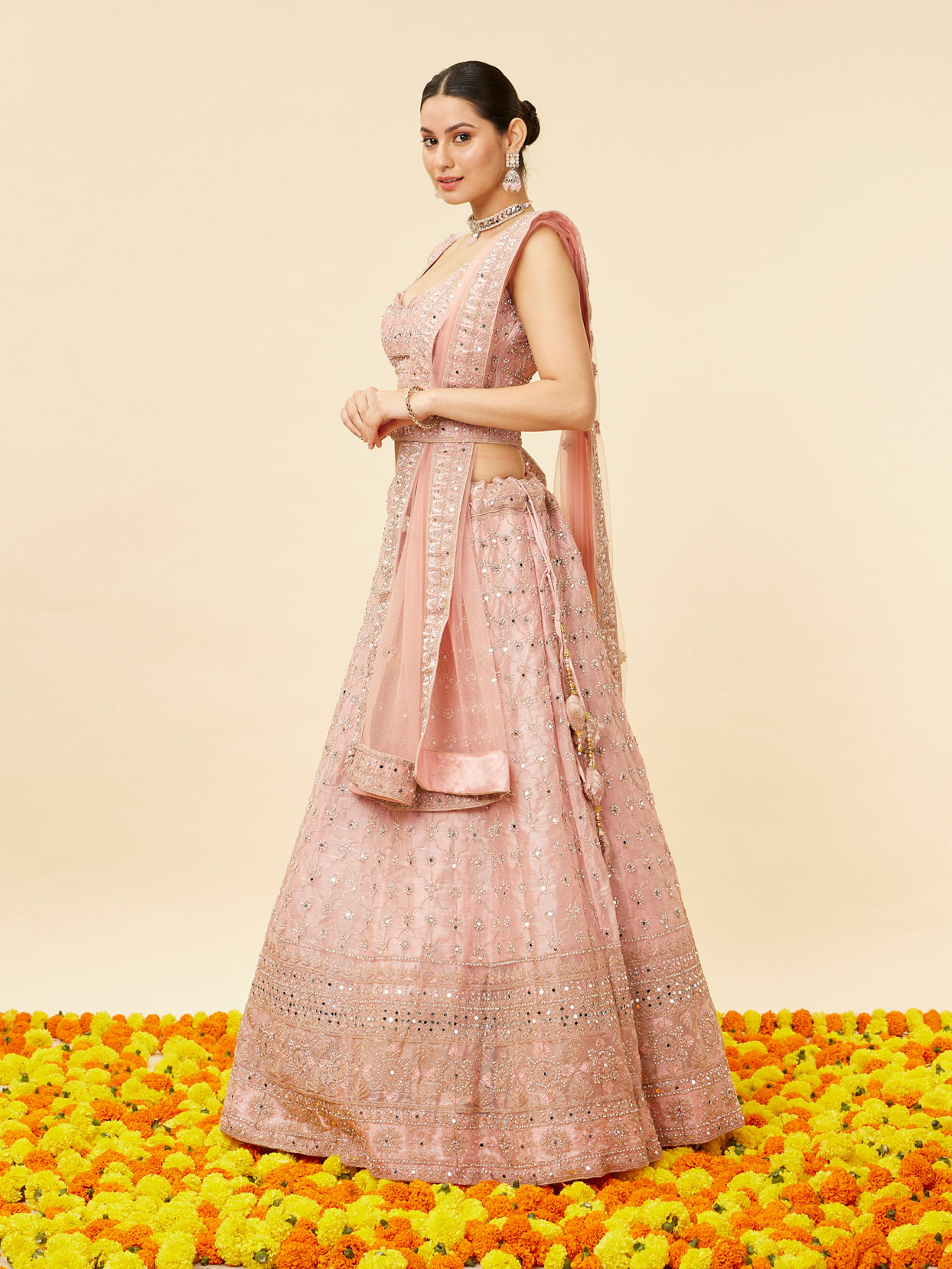 Mohey Women Rose Pink Mirror Work Lehenga