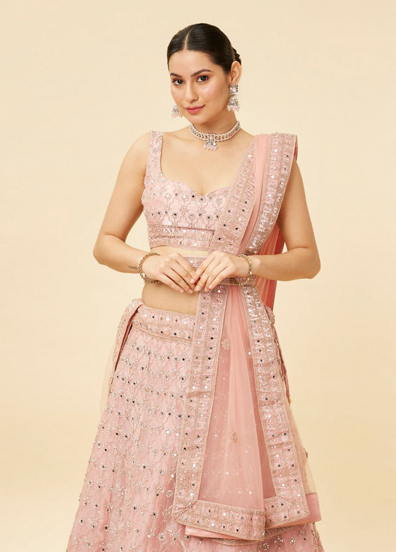 Mohey Women Rose Pink Mirror Work Lehenga