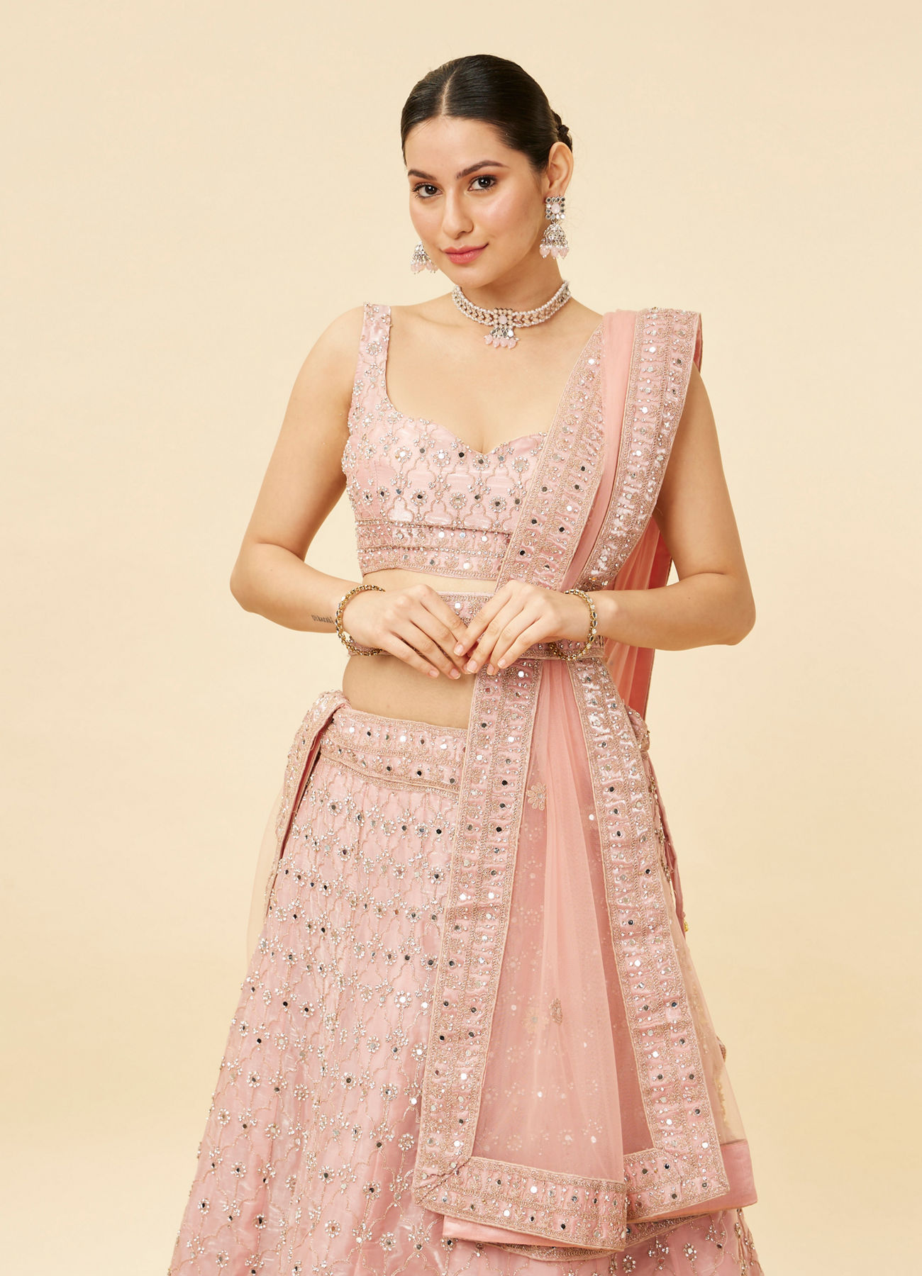 Mohey Women Rose Pink Mirror Work Lehenga