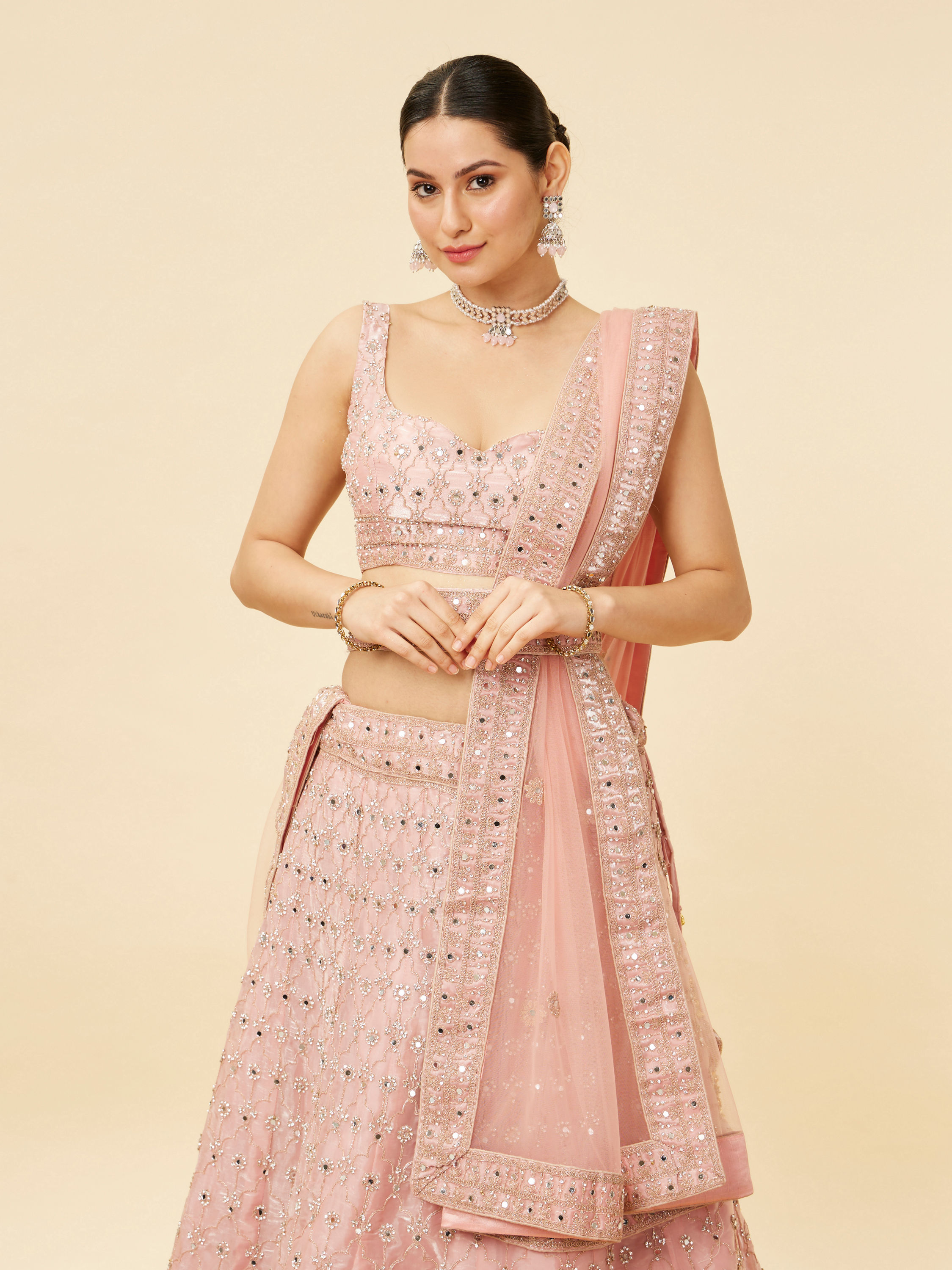 Mohey Women Rose Pink Mirror Work Lehenga