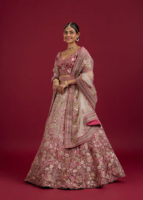 Mohey Women Berry Pink Floral Embroidered Bridal Lehenga image number 2