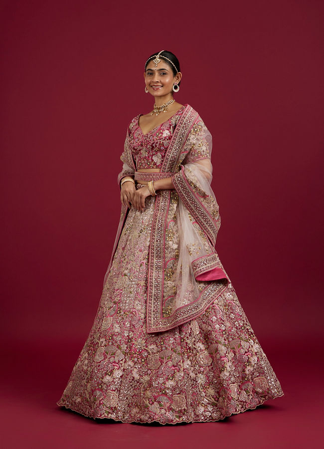 Mohey Women Berry Pink Floral Embroidered Bridal Lehenga image number 2