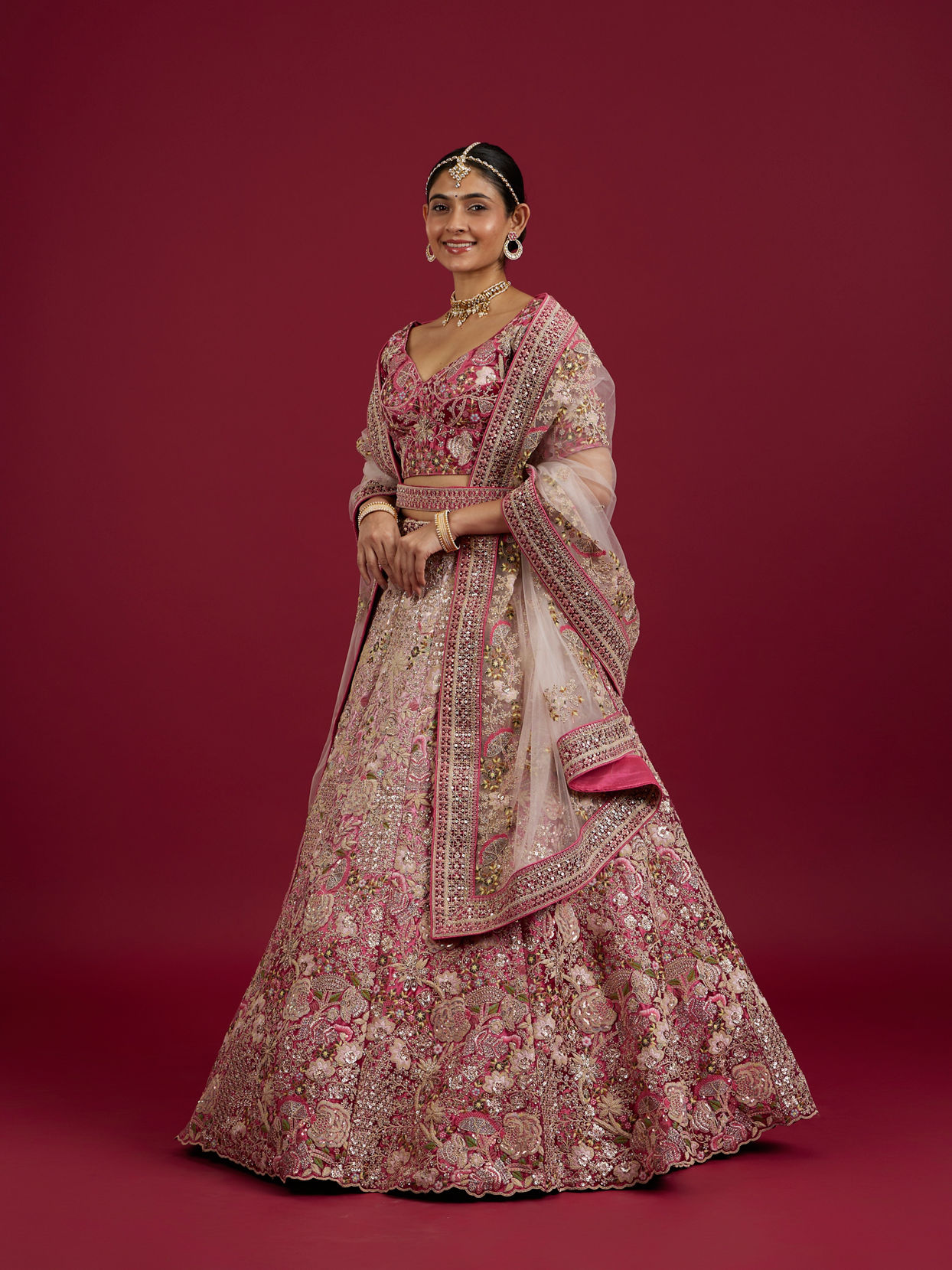 Mohey Women Berry Pink Floral Embroidered Bridal Lehenga image number 2